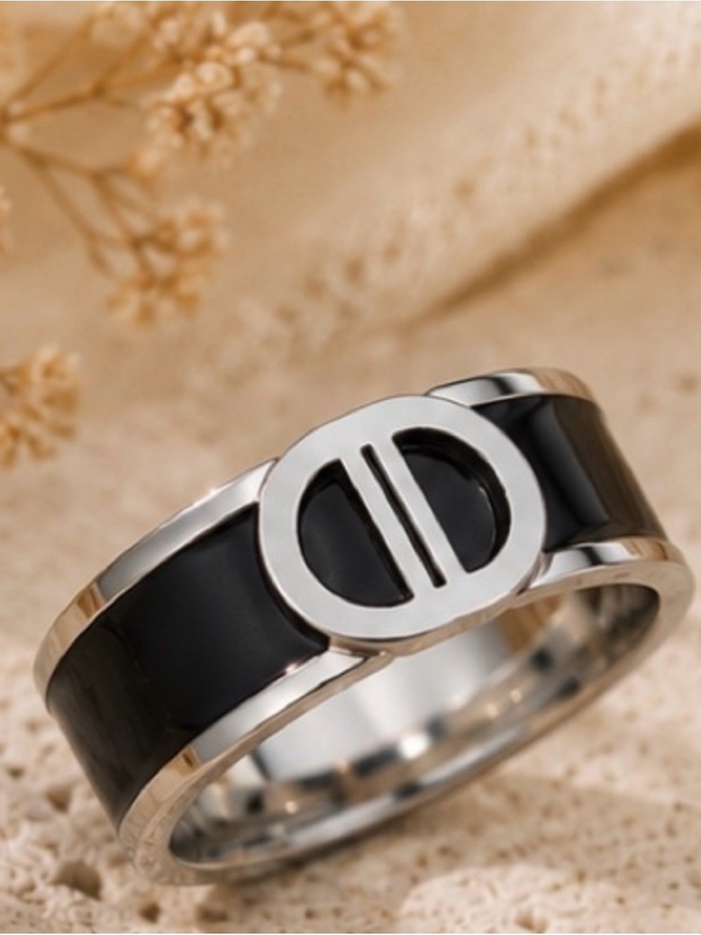 Designer Inspired Black Enamel Silver Tone Statement Ring